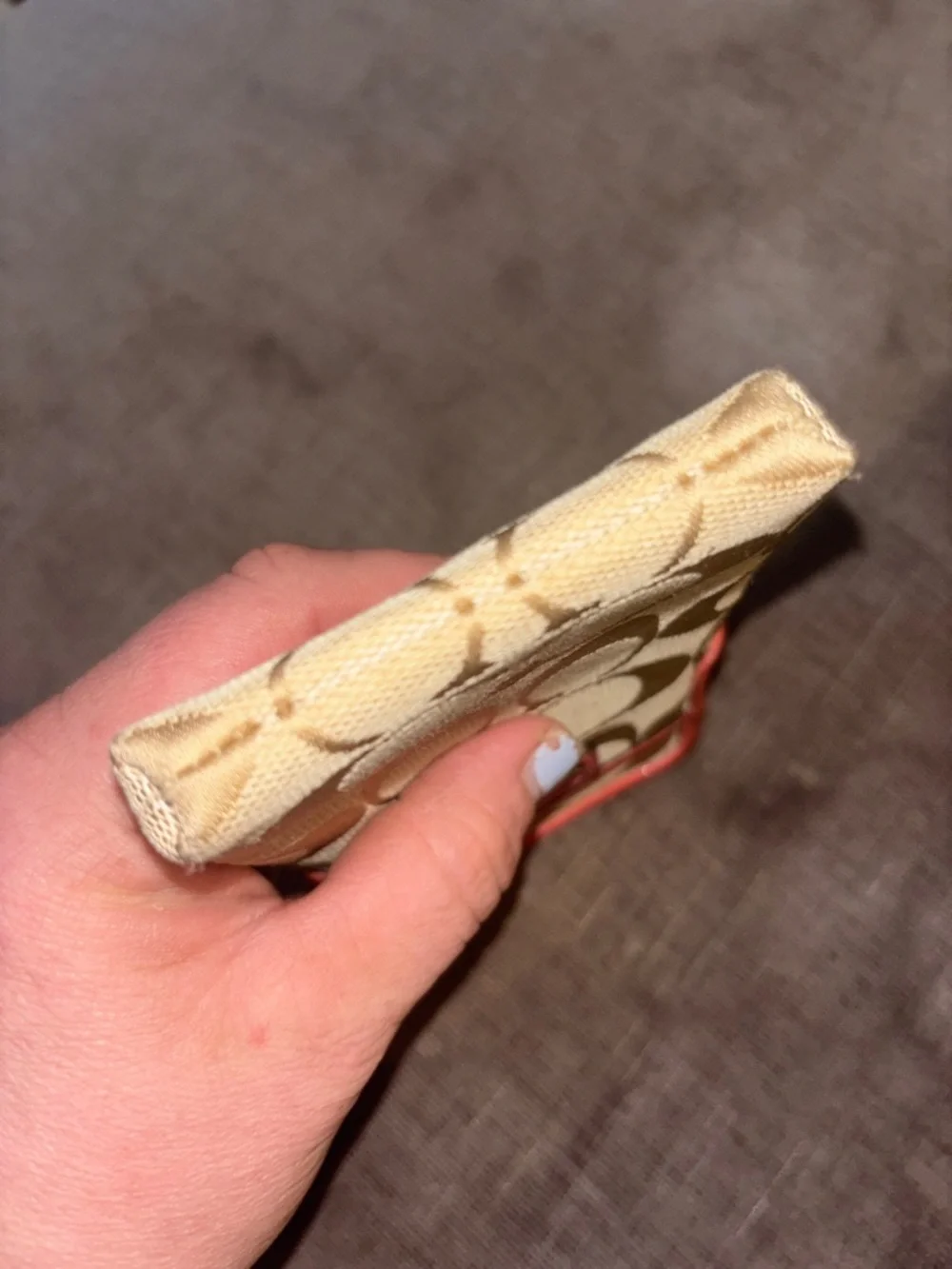 Coach Beige Signature Canvas Wristlet with Coral Trim